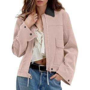 Women’s Faux Suede Cropped Jacket Casual Zip Up Jackets Contrast Collar Fleece Winter Coats Outerwear with Pockets(Apricot Pink)