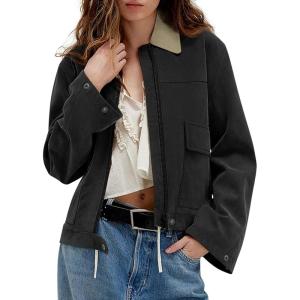 Women’s Faux Suede Cropped Jacket Casual Zip Up Jackets Contrast Collar Fleece Winter Coats Outerwear with Pockets(Black)