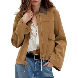 Women’s Faux Suede Cropped Jacket Casual Zip Up Jackets Contrast Collar Fleece Winter Coats Outerwear with Pockets(Brown)