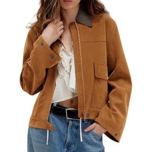 Women’s Faux Suede Cropped Jacket Casual Zip Up Jackets Contrast Collar Fleece Winter Coats Outerwear with Pockets(Dark Brown)