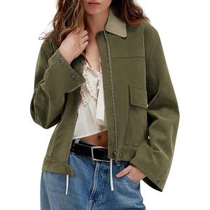 Women’s Faux Suede Cropped Jacket Casual Zip Up Jackets Contrast Collar Fleece Winter Coats Outerwear with Pockets(Green)