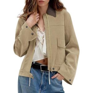 Women’s Faux Suede Cropped Jacket Casual Zip Up Jackets Contrast Collar Fleece Winter Coats Outerwear with Pockets(Khaki)
