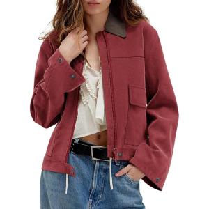 Women’s Faux Suede Cropped Jacket Casual Zip Up Jackets Contrast Collar Fleece Winter Coats Outerwear with Pockets(Red)