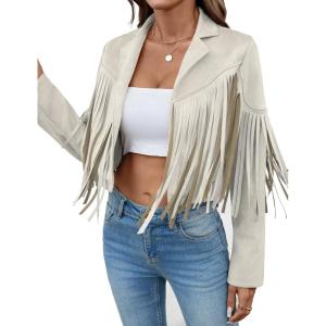 Women’s Faux Suede Leather Tassel Jackets With Lining Cropped Fringe Coats For Women 2025 Fall Fashion Must Haves(Beige)