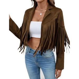 Women’s Faux Suede Leather Tassel Jackets With Lining Cropped Fringe Coats For Women 2025 Fall Fashion Must Haves(Dark Brown)