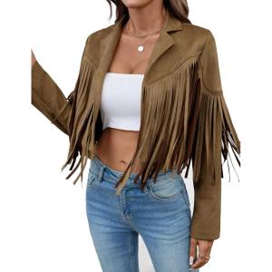 Women’s Faux Suede Leather Tassel Jackets With Lining Cropped Fringe Coats For Women 2025 Fall Fashion Must Haves(Dark Khaki)