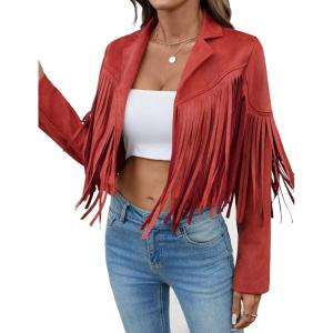 Women’s Faux Suede Leather Tassel Jackets With Lining Cropped Fringe Coats For Women 2025 Fall Fashion Must Haves(Red)