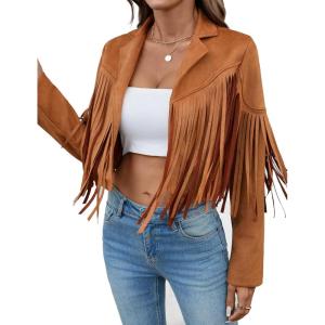 Women’s Faux Suede Leather Tassel Jackets With Lining Cropped Fringe Coats For Women 2025 Fall Fashion Must Haves(Tan)