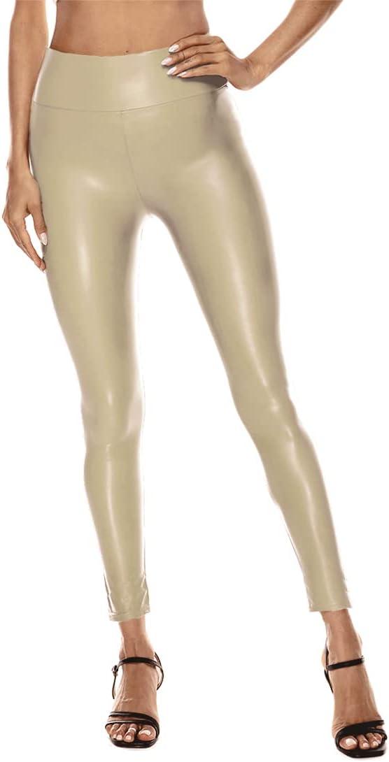imageARJOSA Womens Faux Leather Leggings High Waist Tights Skinny PantsBeige