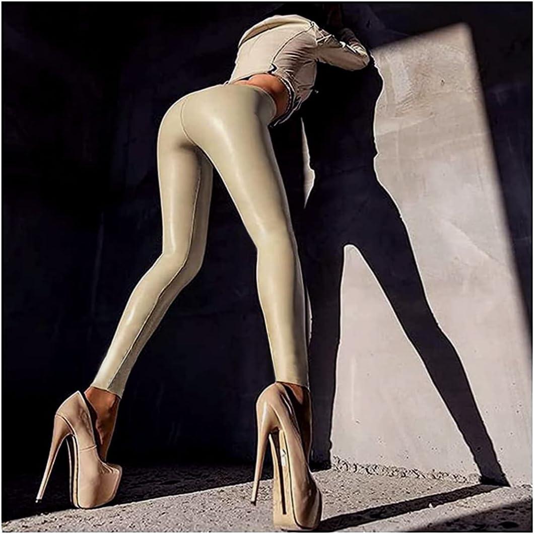 imageARJOSA Womens Faux Leather Leggings High Waist Tights Skinny PantsBeige