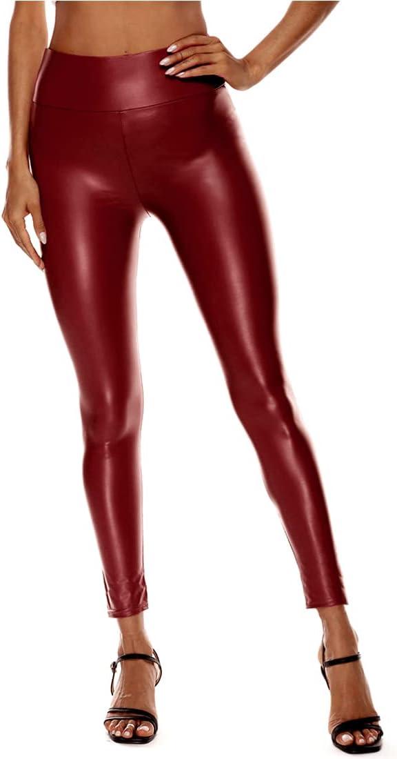 imageARJOSA Womens Faux Leather Leggings High Waist Tights Skinny PantsWine Red