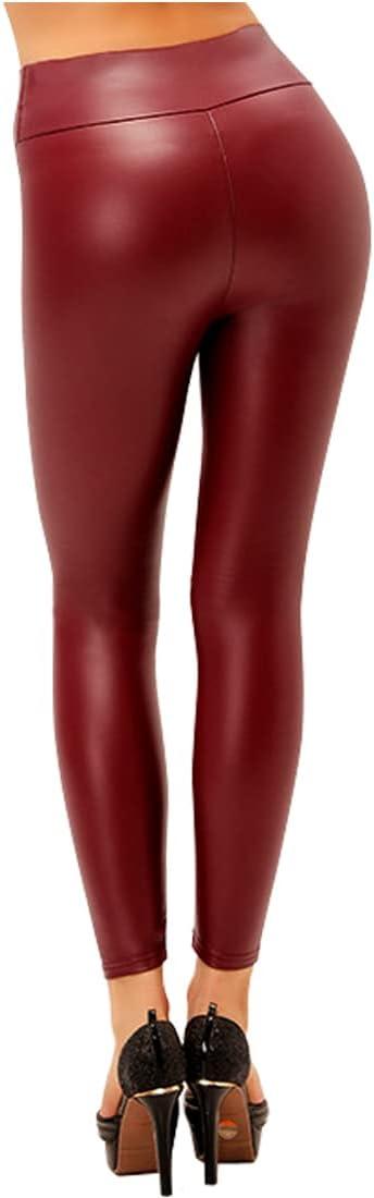 imageARJOSA Womens Faux Leather Leggings High Waist Tights Skinny PantsWine Red