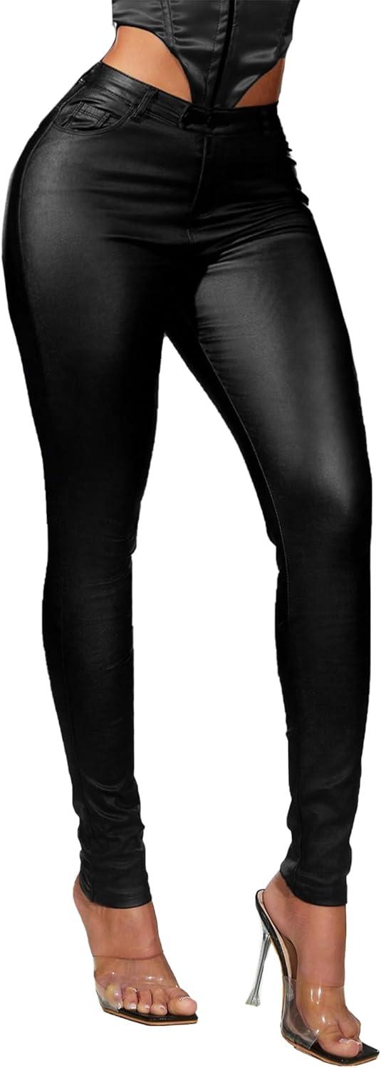 imageAvanova Women Faux Leather High Waist Sexy Leggings Stretchy Skinny PantsBlack
