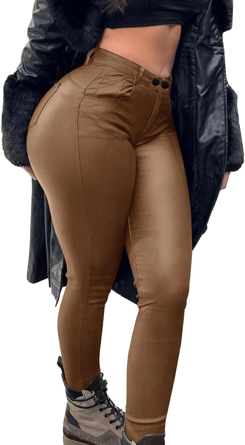 imageAvanova Women Faux Leather High Waist Sexy Leggings Stretchy Skinny PantsBrown