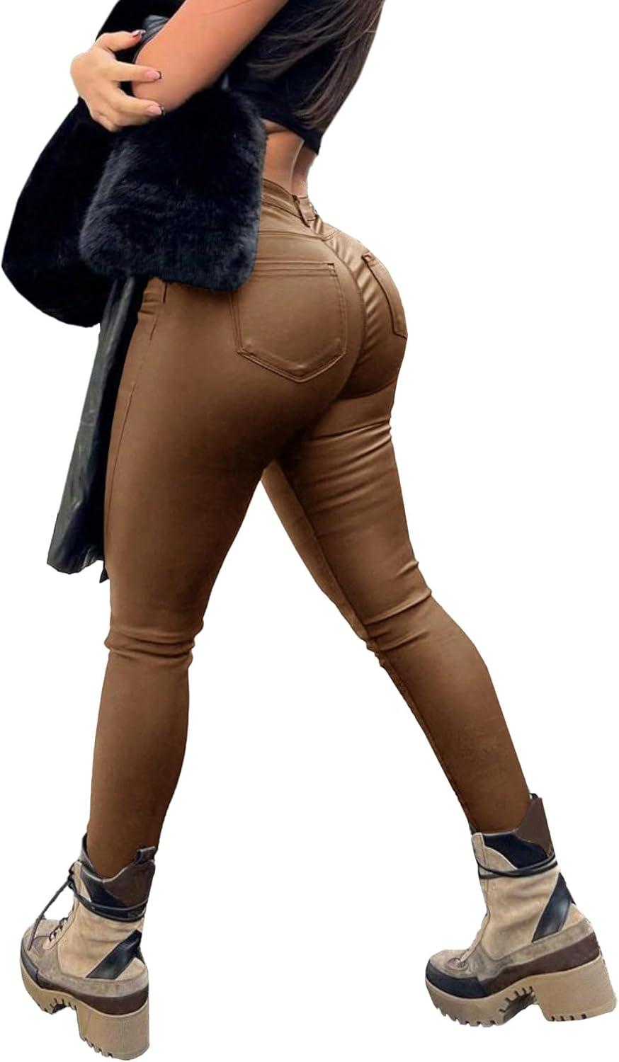 imageAvanova Women Faux Leather High Waist Sexy Leggings Stretchy Skinny PantsBrown