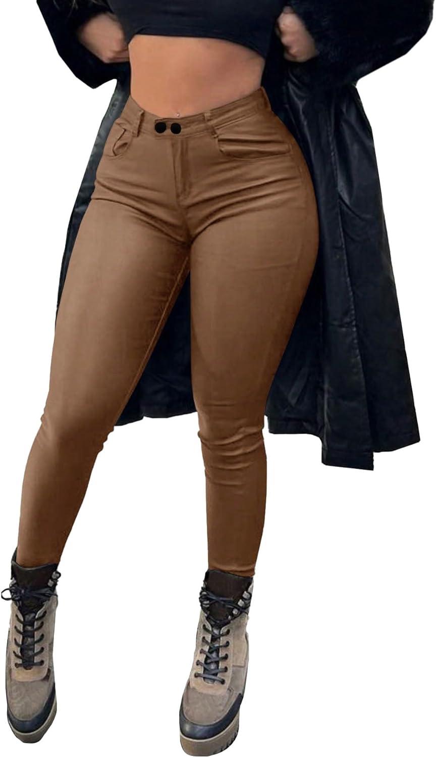 imageAvanova Women Faux Leather High Waist Sexy Leggings Stretchy Skinny PantsBrown