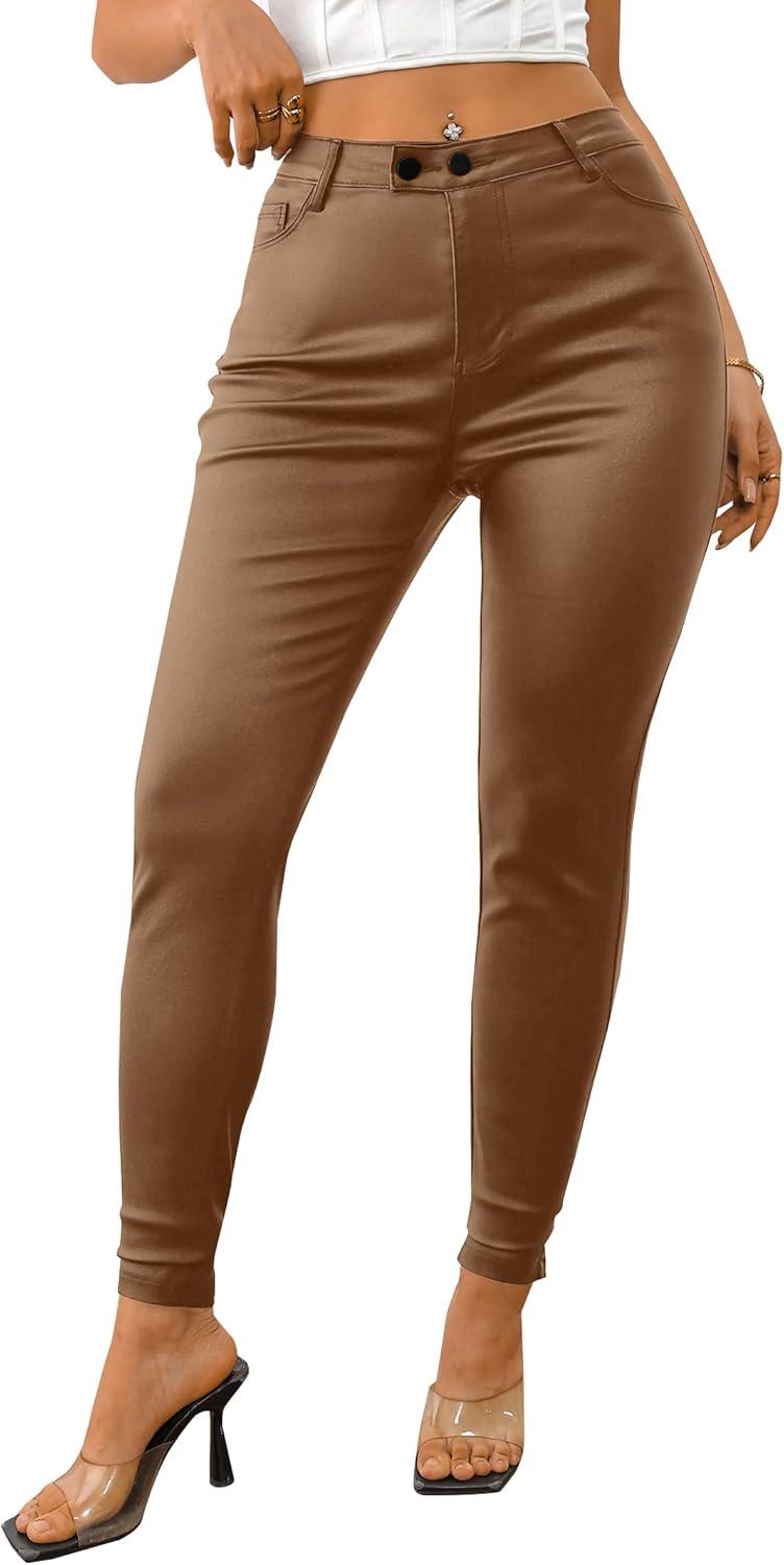 imageAvanova Women Faux Leather High Waist Sexy Leggings Stretchy Skinny PantsBrown