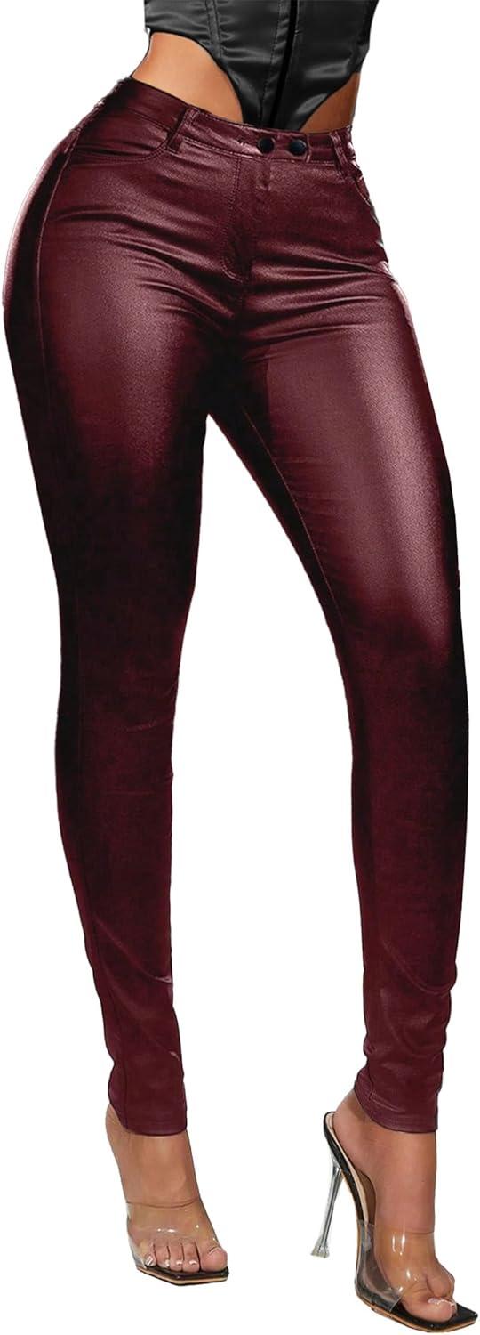 imageAvanova Women Faux Leather High Waist Sexy Leggings Stretchy Skinny PantsRed