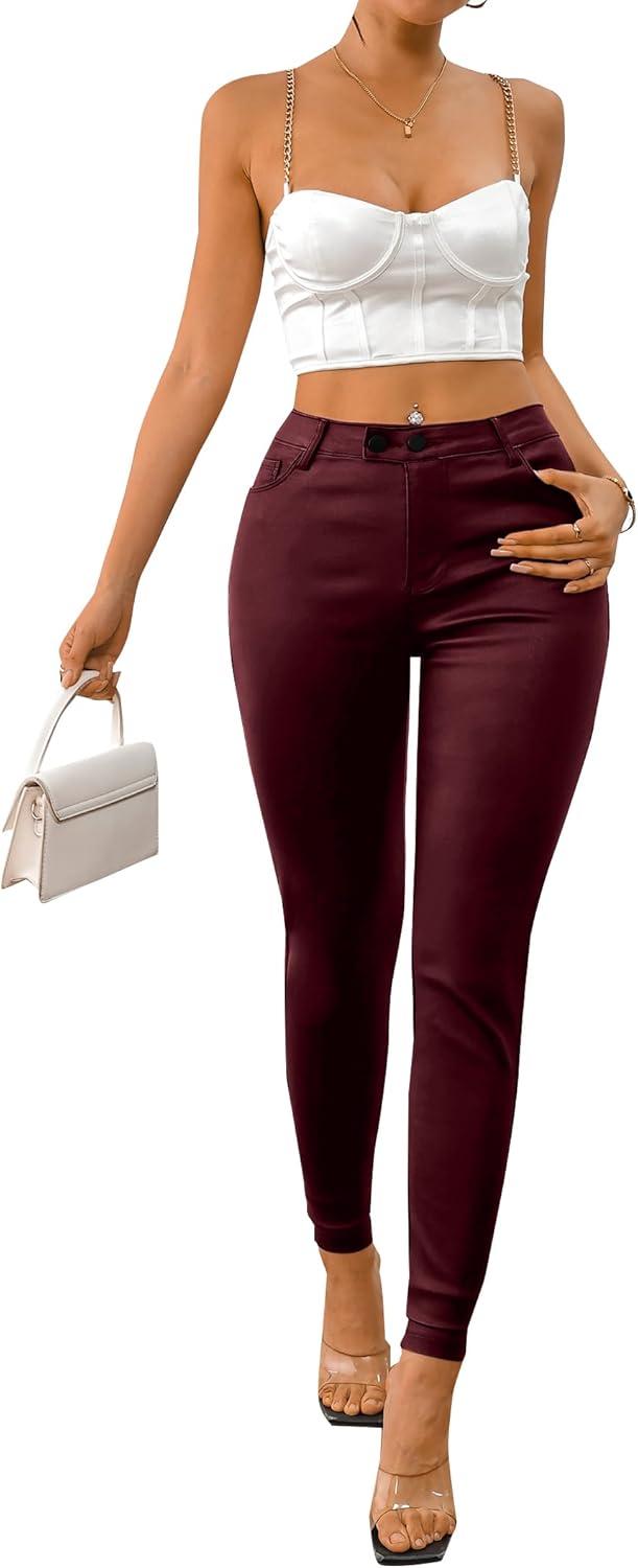 imageAvanova Women Faux Leather High Waist Sexy Leggings Stretchy Skinny PantsRed