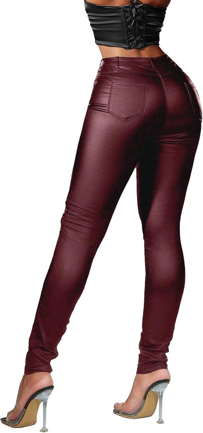 imageAvanova Women Faux Leather High Waist Sexy Leggings Stretchy Skinny PantsRed
