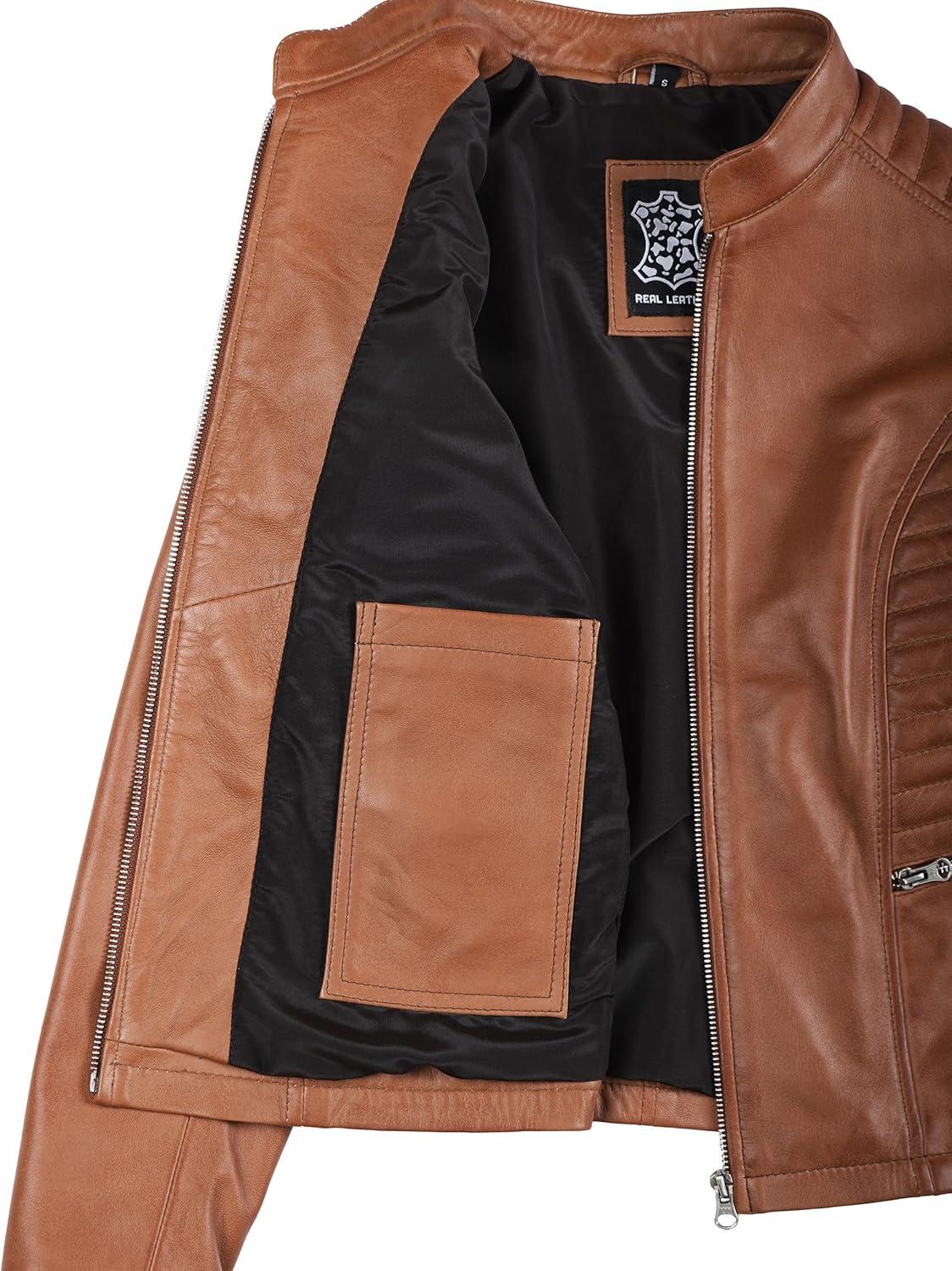 imageDecrum Leather Jacket Women Casual Real Lambskin Womens Leather JacketN185 Brown Leather Jacket Women
