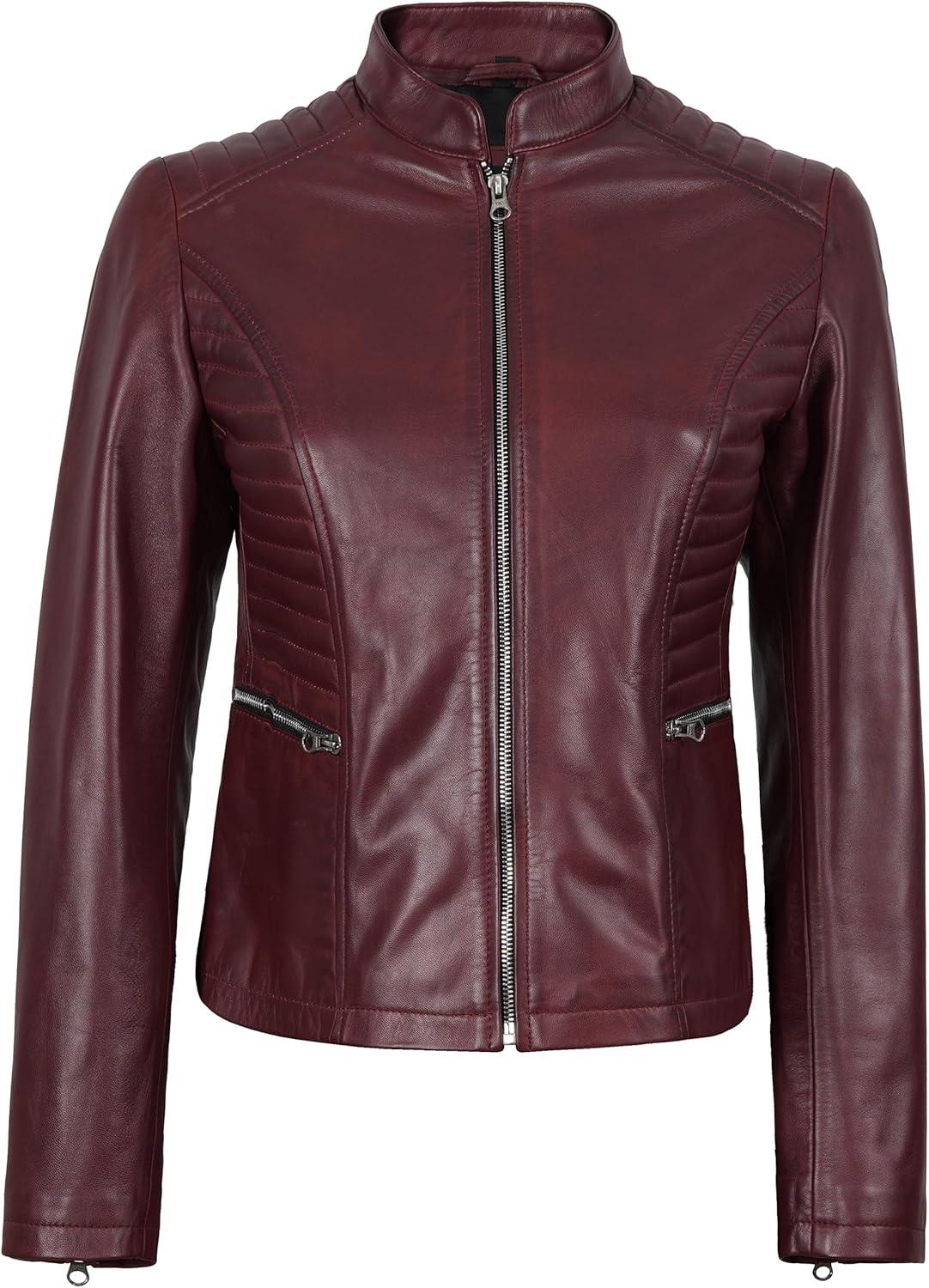 imageDecrum Leather Jacket Women Casual Real Lambskin Womens Leather JacketN185 Burgundy Leather Jacket Women