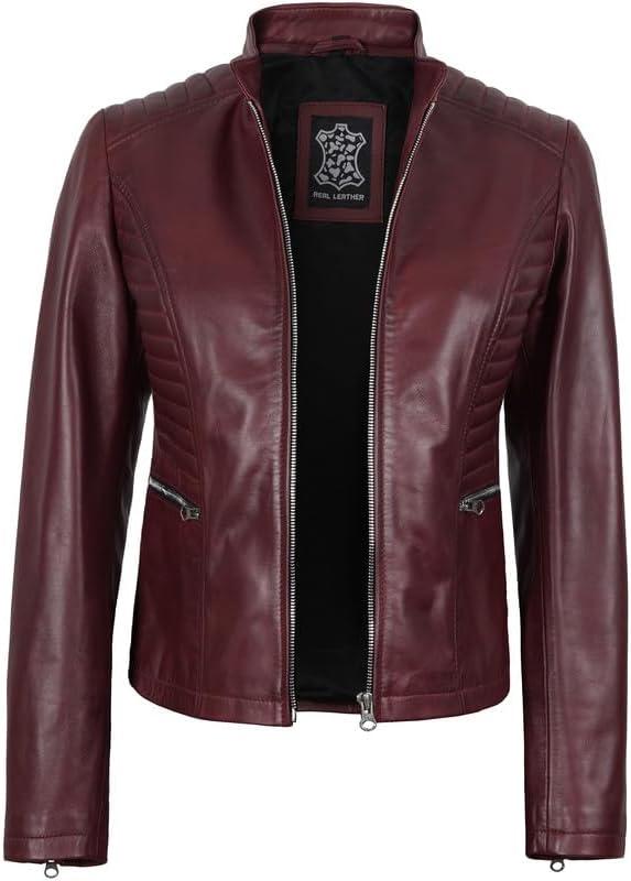 imageDecrum Leather Jacket Women Casual Real Lambskin Womens Leather JacketN185 Burgundy Leather Jacket Women