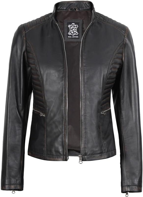 imageDecrum Leather Jacket Women Casual Real Lambskin Womens Leather JacketN185 Distressed Brown Leather Jacket Women