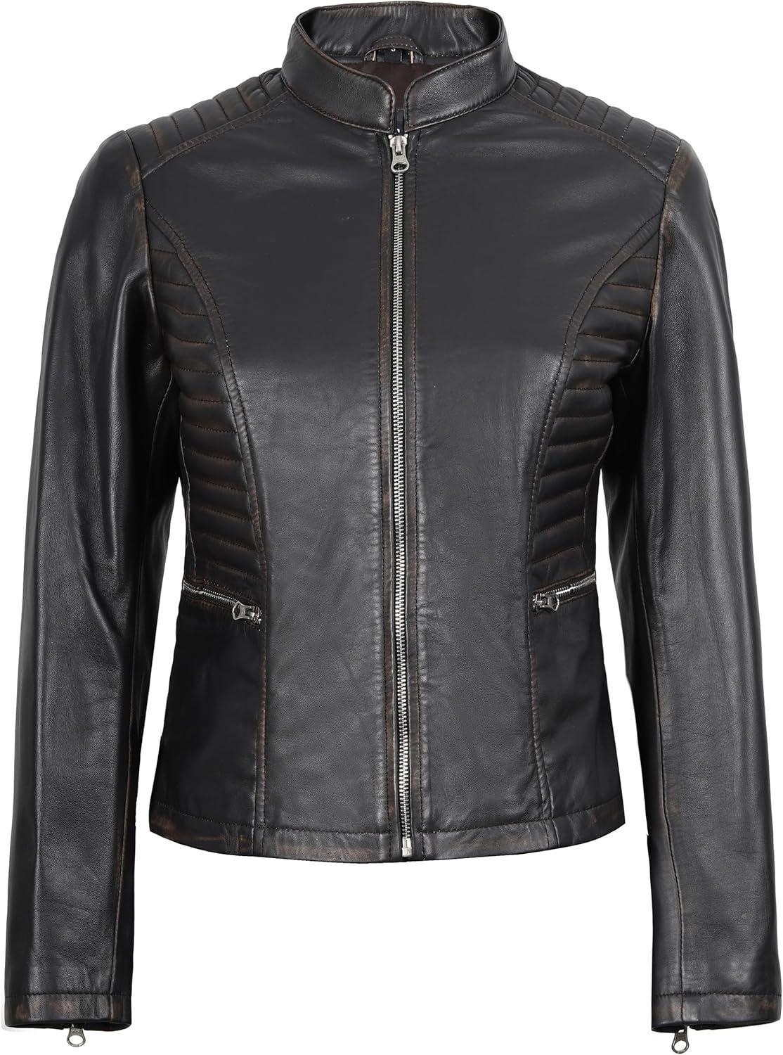 imageDecrum Leather Jacket Women Casual Real Lambskin Womens Leather JacketN185 Distressed Brown Leather Jacket Women