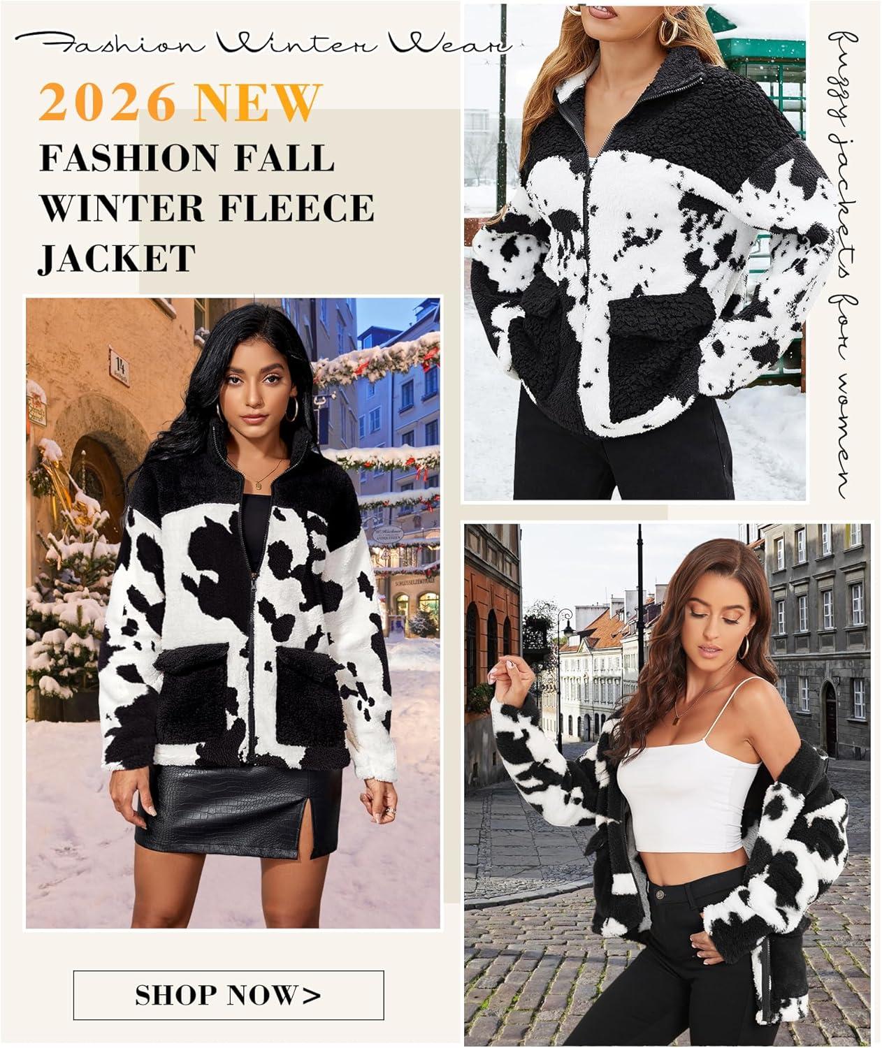 imageEARKOHA Womens 2026 Winter Coat Cow Print Fashion Zip Up Faux Fur Sherpa Jacket Warm Fleece Oversized Outwear with PocketsBlack
