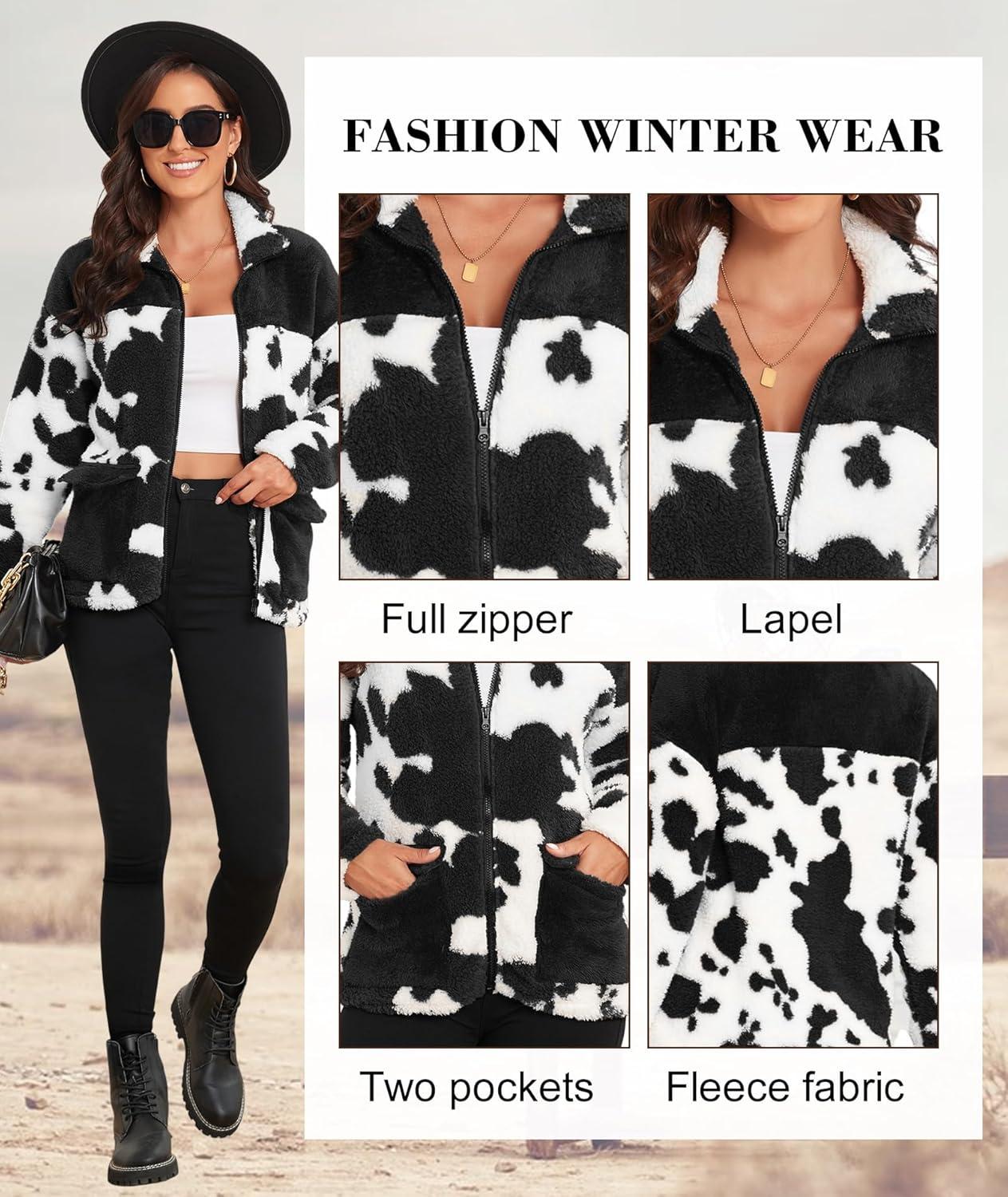 imageEARKOHA Womens 2026 Winter Coat Cow Print Fashion Zip Up Faux Fur Sherpa Jacket Warm Fleece Oversized Outwear with PocketsBlack