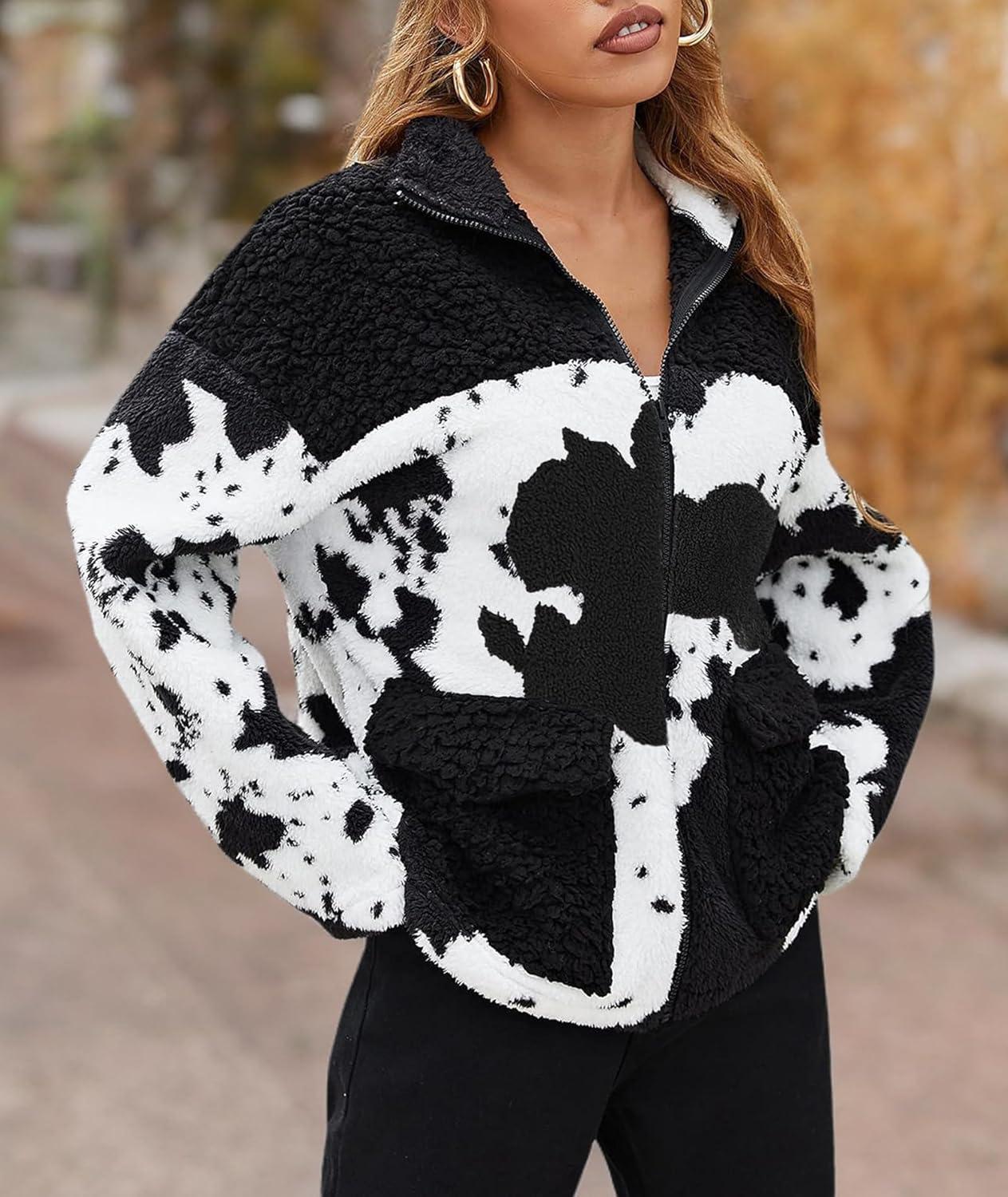 imageEARKOHA Womens 2026 Winter Coat Cow Print Fashion Zip Up Faux Fur Sherpa Jacket Warm Fleece Oversized Outwear with PocketsBlack