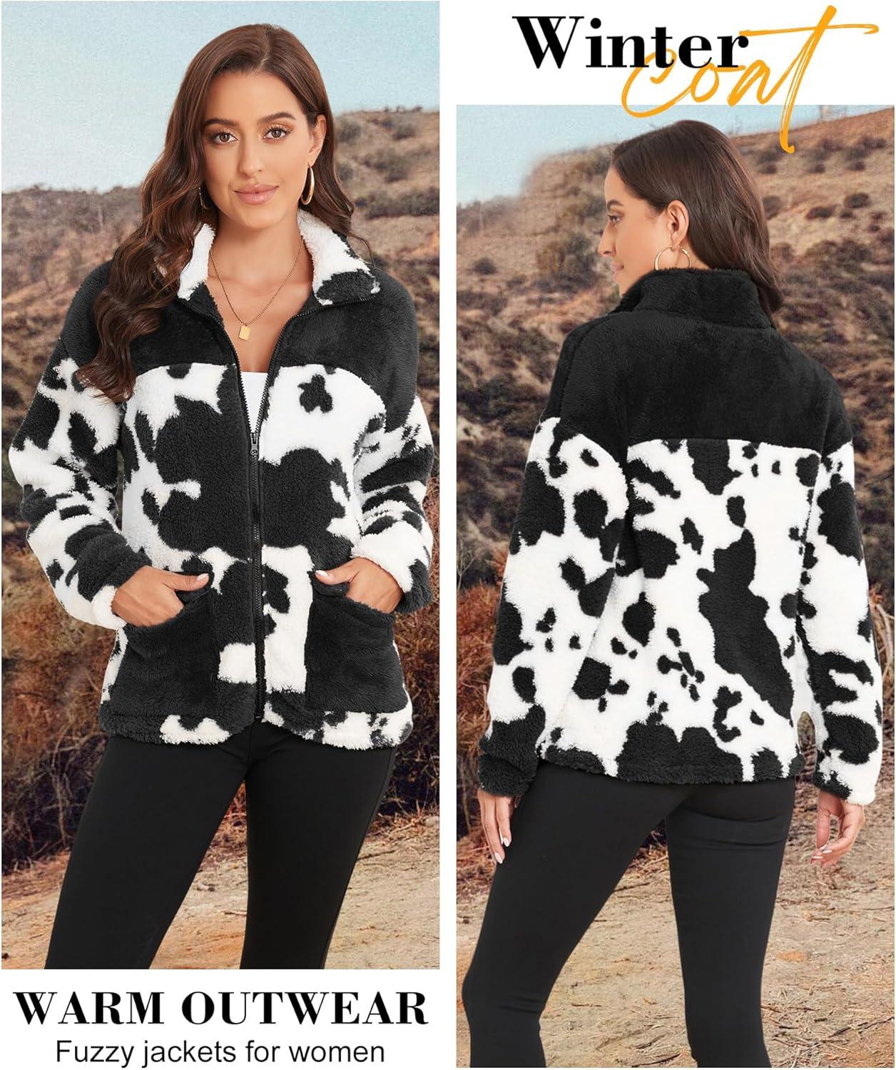 imageEARKOHA Womens 2026 Winter Coat Cow Print Fashion Zip Up Faux Fur Sherpa Jacket Warm Fleece Oversized Outwear with PocketsBlack