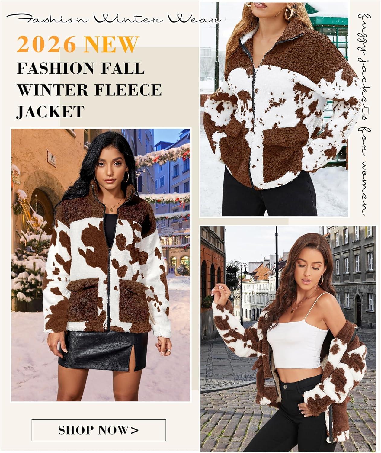 imageEARKOHA Womens 2026 Winter Coat Cow Print Fashion Zip Up Faux Fur Sherpa Jacket Warm Fleece Oversized Outwear with PocketsBrown