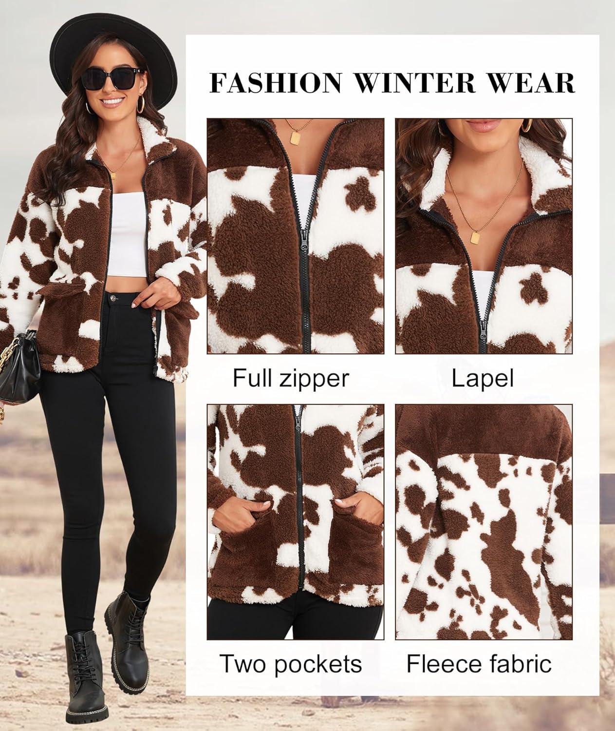 imageEARKOHA Womens 2026 Winter Coat Cow Print Fashion Zip Up Faux Fur Sherpa Jacket Warm Fleece Oversized Outwear with PocketsBrown
