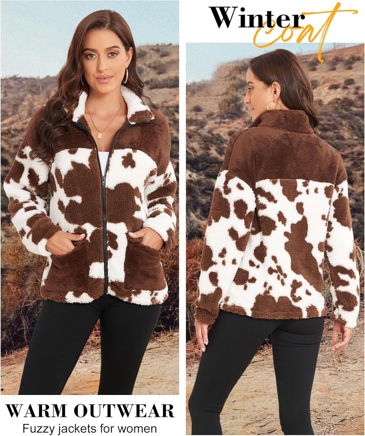 imageEARKOHA Womens 2026 Winter Coat Cow Print Fashion Zip Up Faux Fur Sherpa Jacket Warm Fleece Oversized Outwear with PocketsBrown