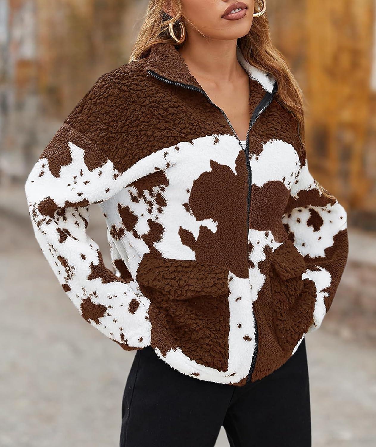 imageEARKOHA Womens 2026 Winter Coat Cow Print Fashion Zip Up Faux Fur Sherpa Jacket Warm Fleece Oversized Outwear with PocketsBrown