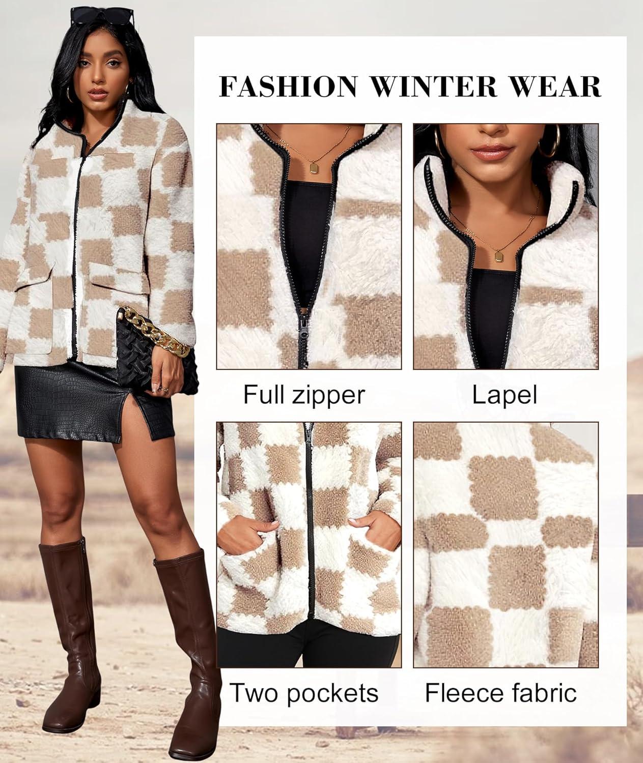 imageEARKOHA Womens 2026 Winter Coat Cow Print Fashion Zip Up Faux Fur Sherpa Jacket Warm Fleece Oversized Outwear with PocketsCheckered Khaki