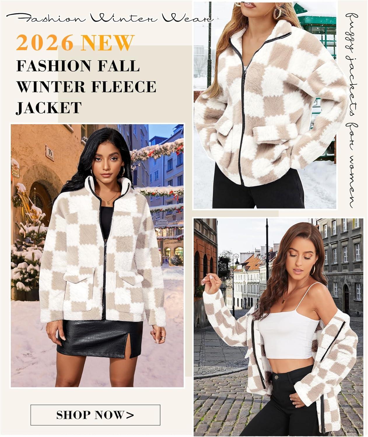 imageEARKOHA Womens 2026 Winter Coat Cow Print Fashion Zip Up Faux Fur Sherpa Jacket Warm Fleece Oversized Outwear with PocketsCheckered Khaki