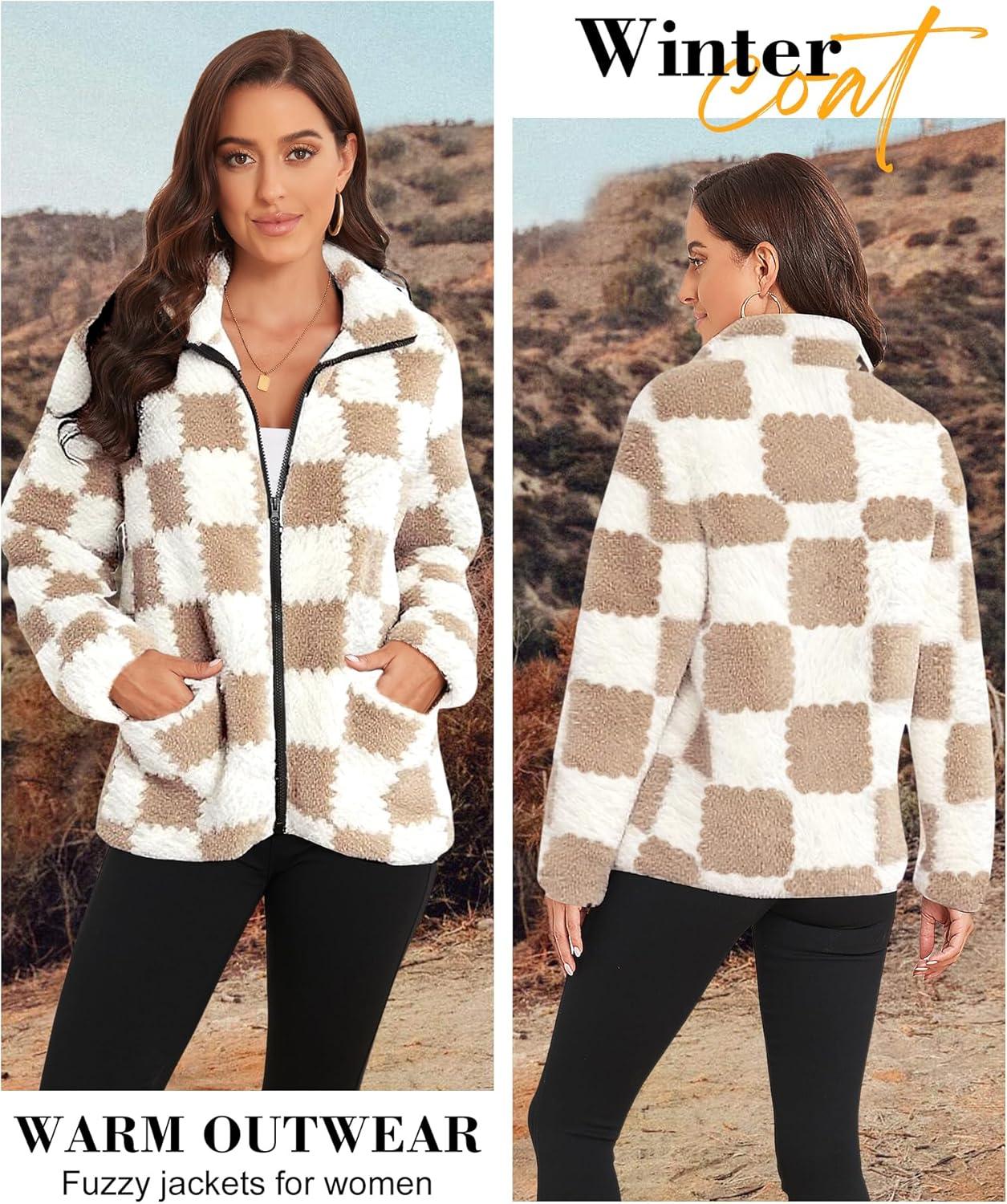imageEARKOHA Womens 2026 Winter Coat Cow Print Fashion Zip Up Faux Fur Sherpa Jacket Warm Fleece Oversized Outwear with PocketsCheckered Khaki