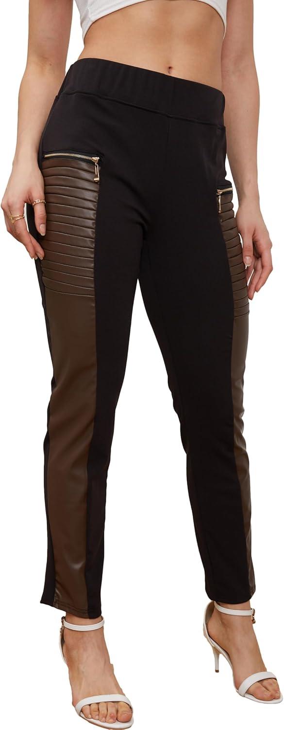 imageFaux Leather Leggings for Women Pleather Pant Elastic Mid Waisted Stretchy Patch Zip TightsBrown