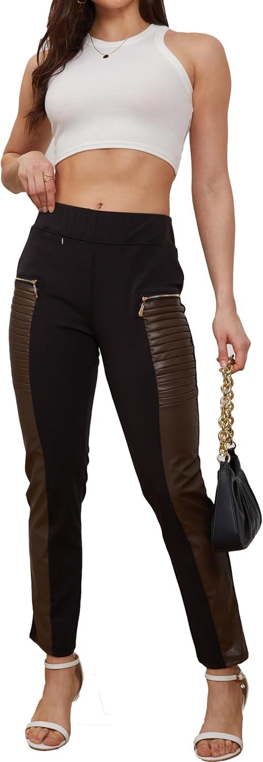 imageFaux Leather Leggings for Women Pleather Pant Elastic Mid Waisted Stretchy Patch Zip TightsBrown