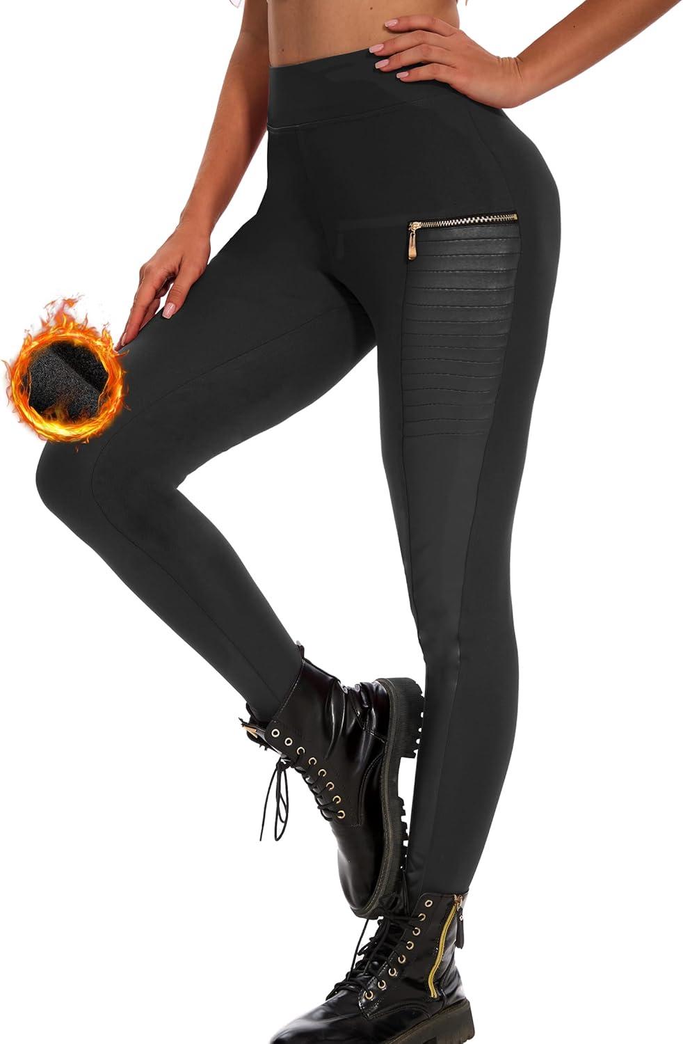 imageFaux Leather Leggings for Women Pleather Pant Elastic Mid Waisted Stretchy Patch Zip TightsFleece Black