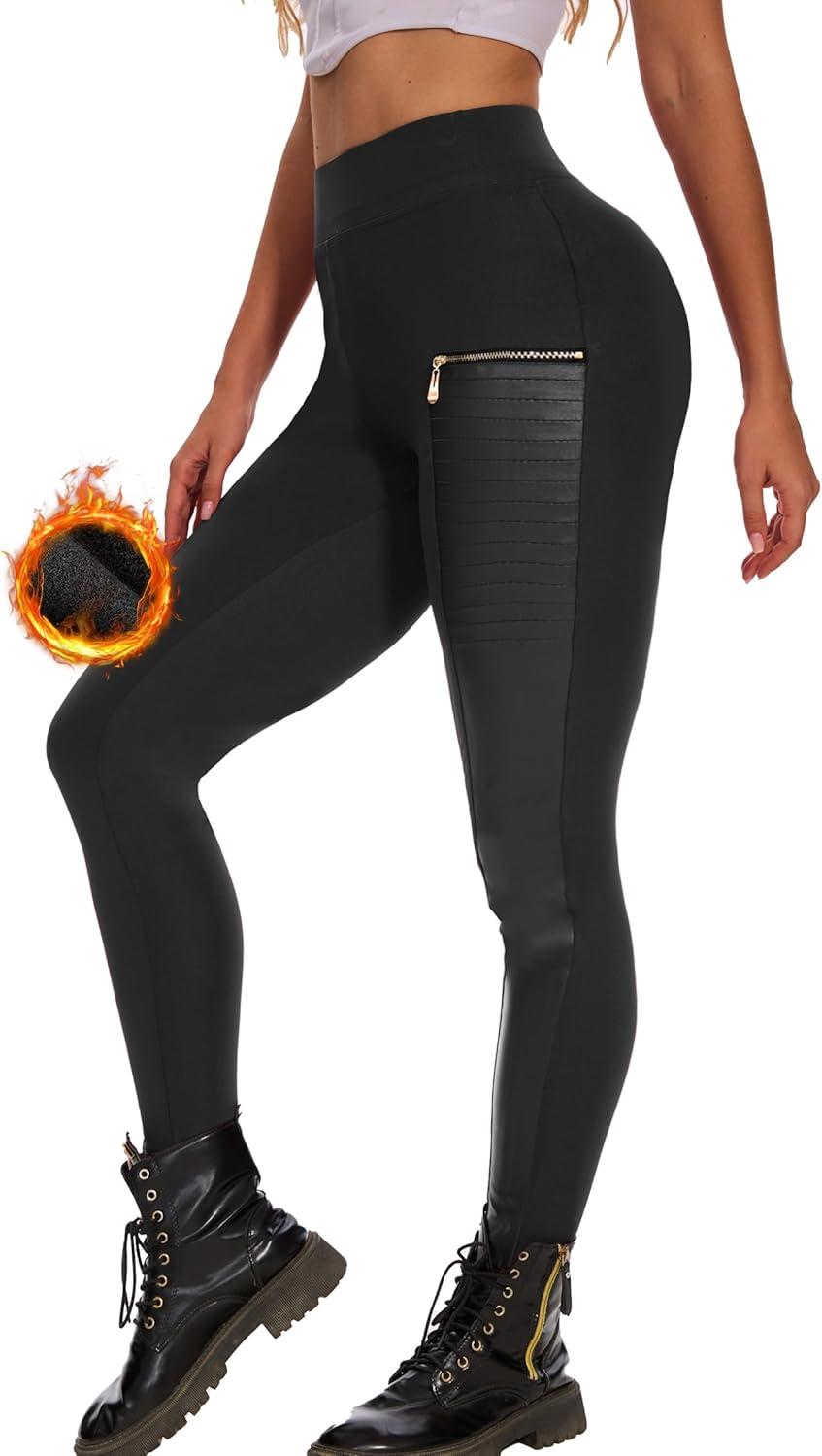 imageFaux Leather Leggings for Women Pleather Pant Elastic Mid Waisted Stretchy Patch Zip TightsFleece Black