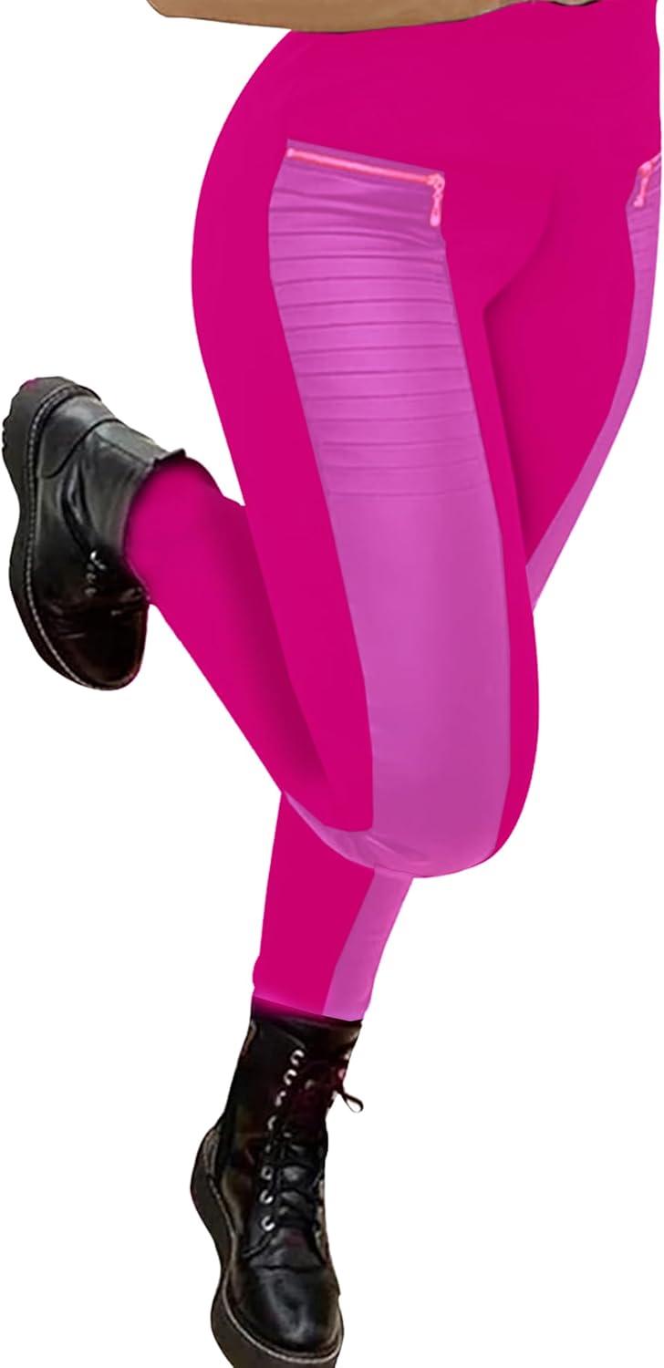 imageFaux Leather Leggings for Women Pleather Pant Elastic Mid Waisted Stretchy Patch Zip TightsRose Pink