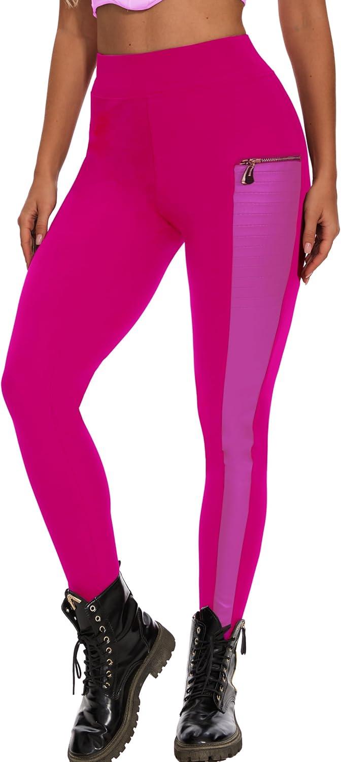 imageFaux Leather Leggings for Women Pleather Pant Elastic Mid Waisted Stretchy Patch Zip TightsRose Pink