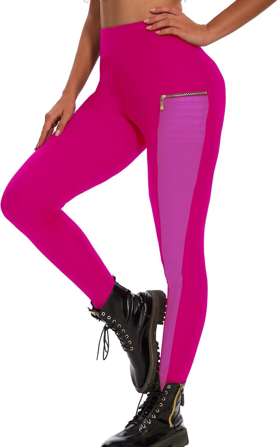 imageFaux Leather Leggings for Women Pleather Pant Elastic Mid Waisted Stretchy Patch Zip TightsRose Pink