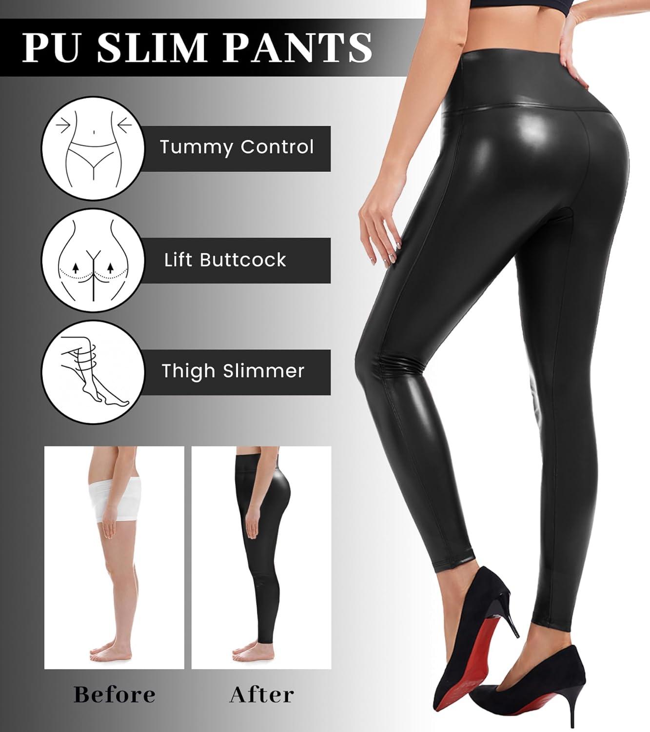 imageFaux Leather Leggings for Women Tummy Control Leather Pants High Waist Stretch PU Tights Slim Ankle LengthBlack