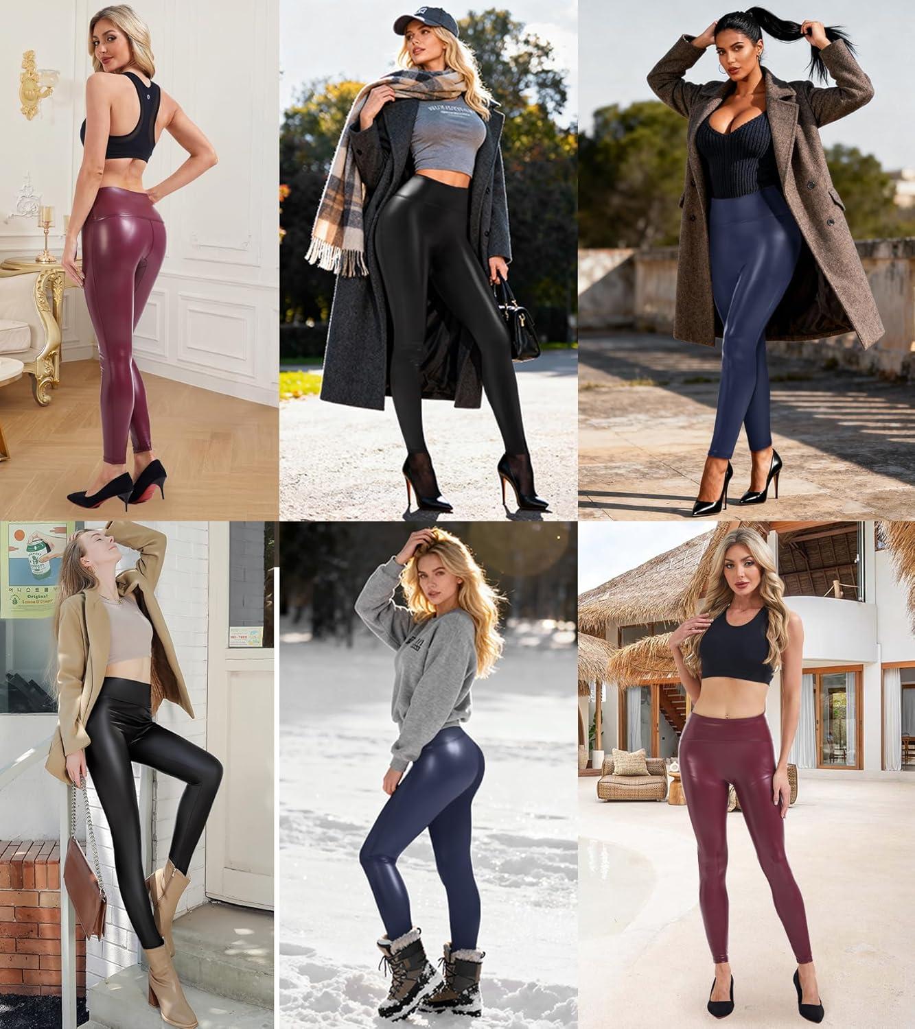 imageFaux Leather Leggings for Women Tummy Control Leather Pants High Waist Stretch PU Tights Slim Ankle LengthBlack