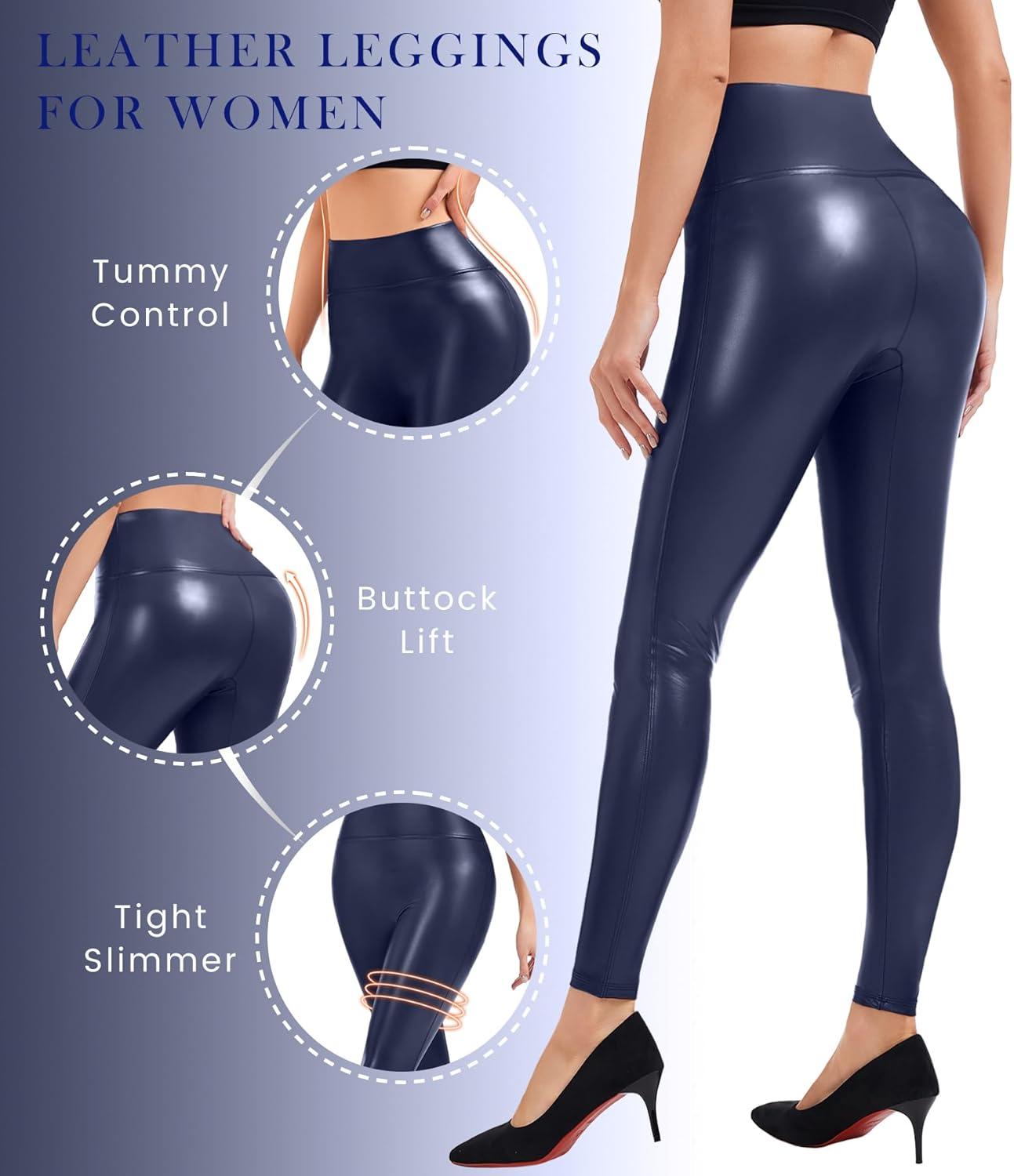 imageFaux Leather Leggings for Women Tummy Control Leather Pants High Waist Stretch PU Tights Slim Ankle LengthDblue